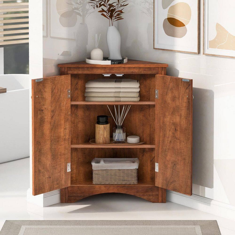 YSQCAR 23.6 in. W x 17.2 in. D x 31.5 in. H Brown MDF Freestanding Triangle Linen Cabinet with Door, Adjustable Shelf (3)