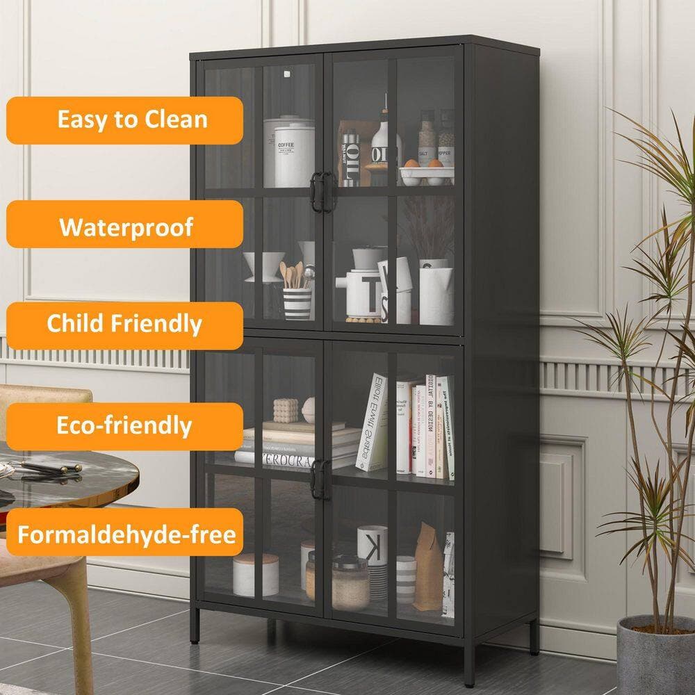 Siavonce 15.75 in. W x 33.46 in. D x 62.99 in. H Freestanding Linen Cabinet with Tempered Glass Doors, Adjustable Shelves Black (3)