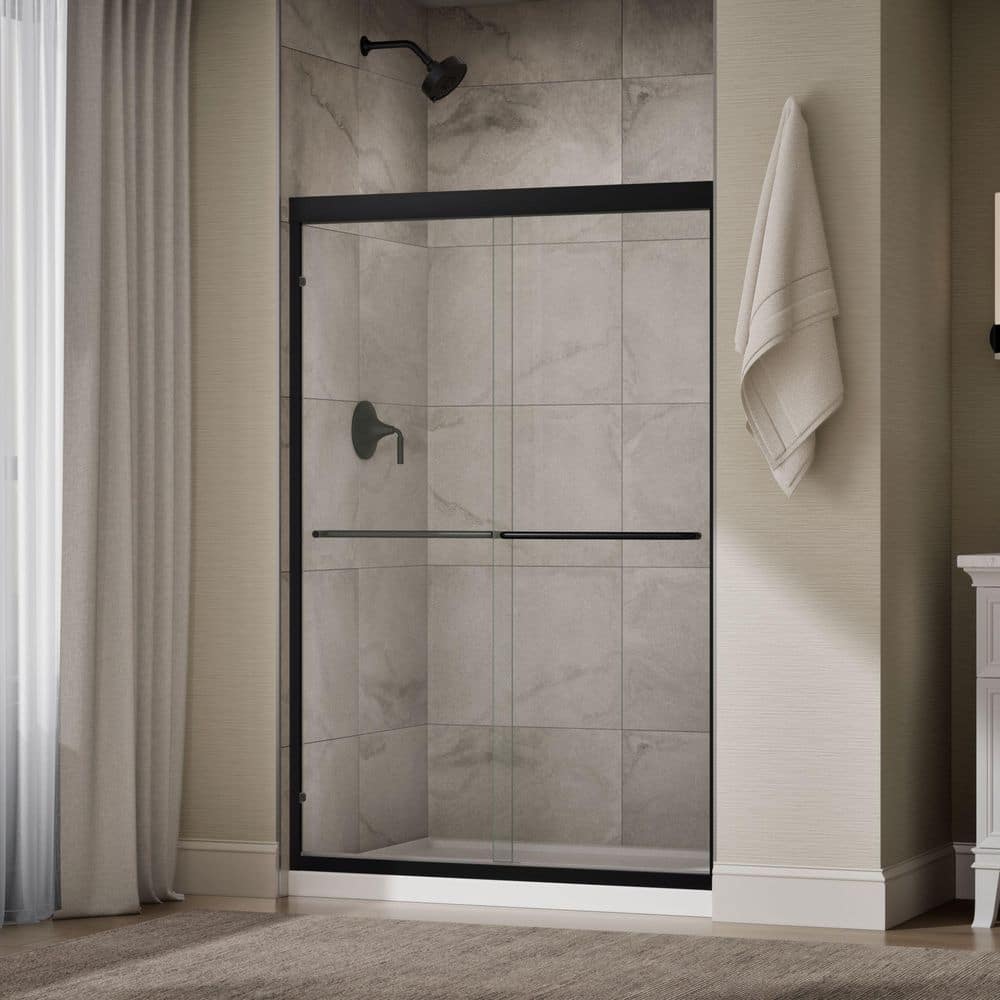 KOHLER Lively 57-60 in. W x 70 in. H Frameless Sliding Shower Door in Matte Black with 1/4 in. Thick Clear Tempered Glass (3)