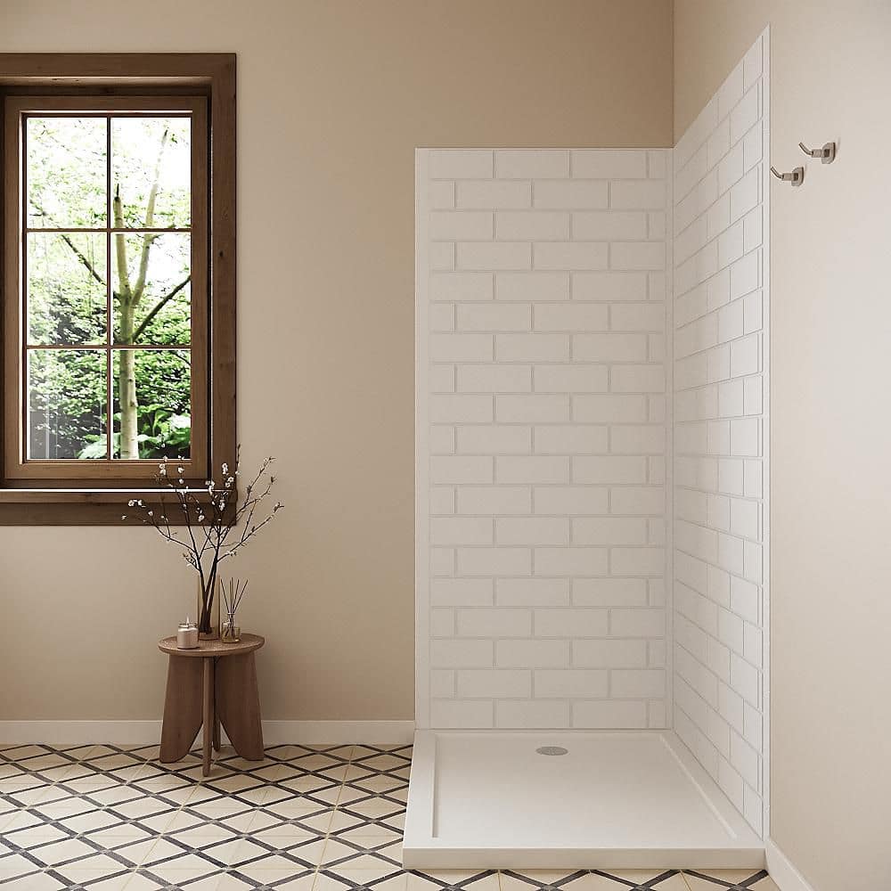 Streamline DSH-1380-142 34 in. L x 42 in. W x 76 in. H 2-Piece Glue-Up Corner Shower Wall Surround in White Tile Finish (2)