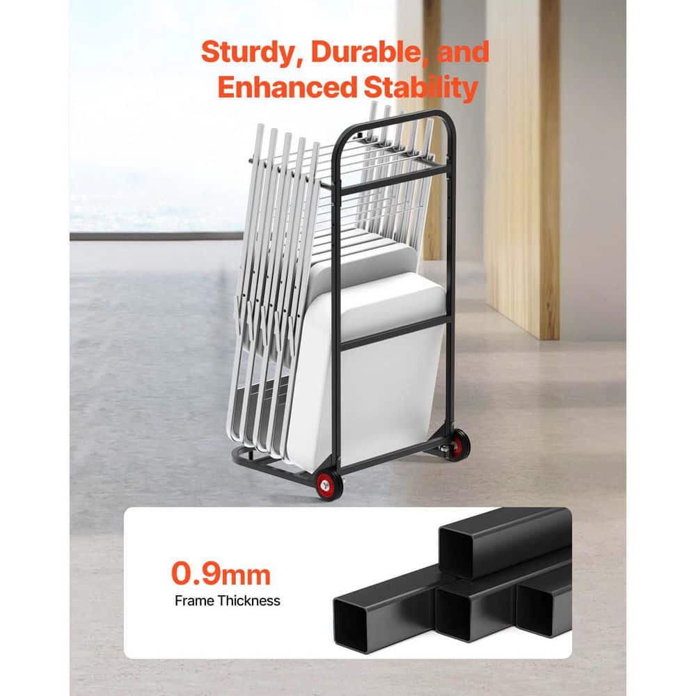 SKYSHALO Heavy-Duty Folding Chair Rack, 100 lbs. Metal Chair Cart for Hanging 10 Chairs, Storage Dolly with Rubber Wheels, Black (2)