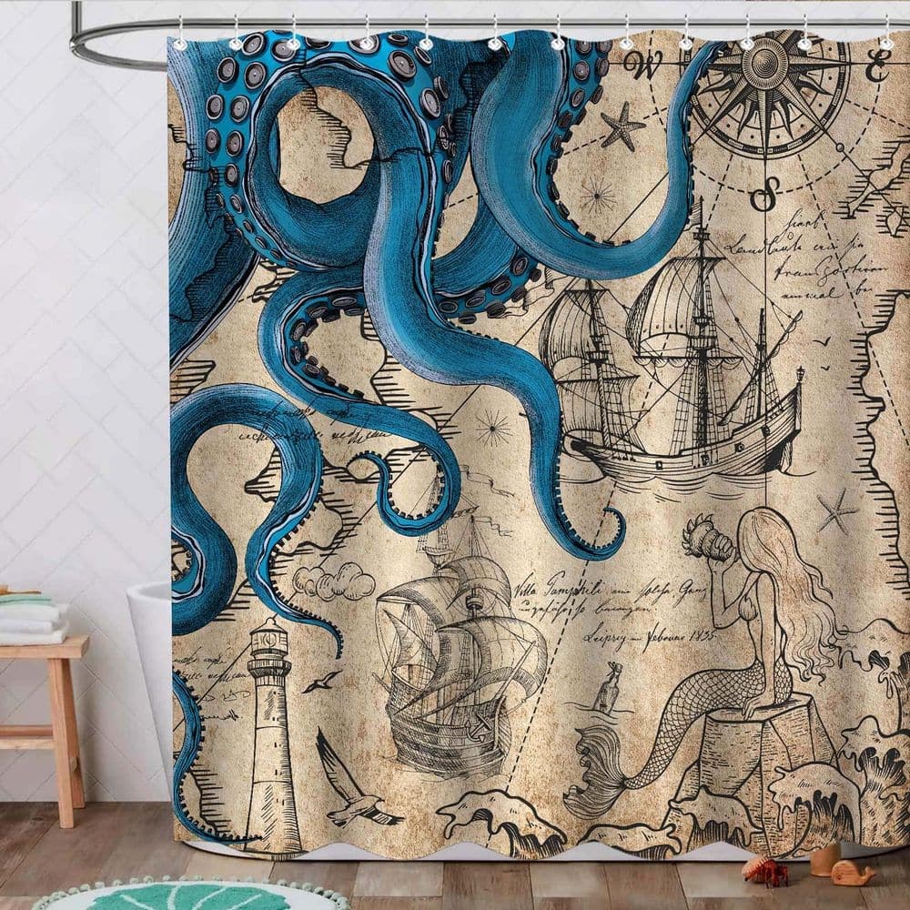 Anqtovp 72 in. W x 72 in. L Polyester Shower Curtain in Navy Blue Nautical Octopus Mermaid Ocean Map Waterproof Fabric Retro (2)