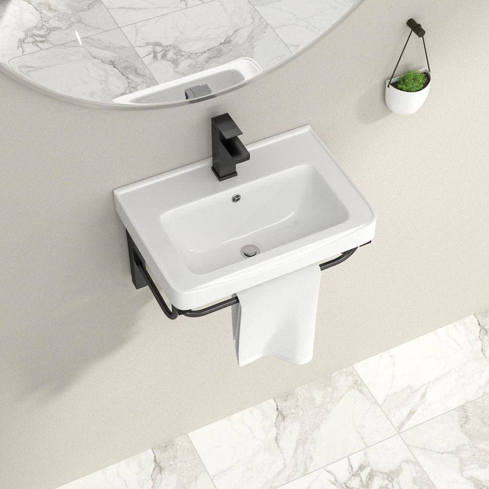 Logmey Ceramic Rectangular Wall-Mounted Vessel Bathroom Sink with Black Bracket (2)
