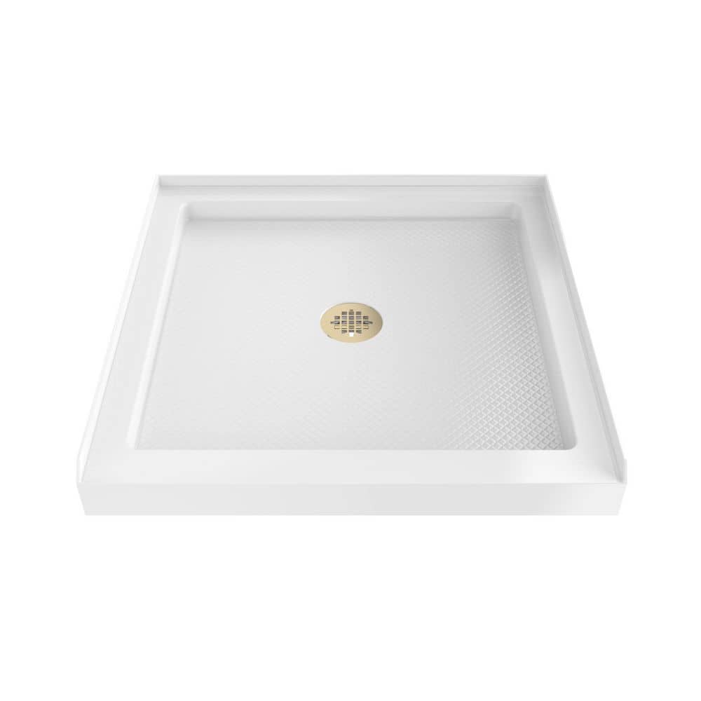 DreamLine SlimLine 36 in. L x 36 in. W Alcove Square White Shower Pan Base with 2 in. Round Center Drain in Polished Brass (1)