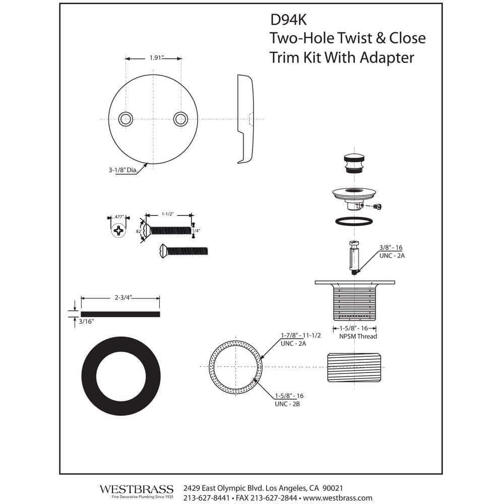 Westbrass Twist and Close Universal Tub Trim with 2-Hole Faceplate (2)