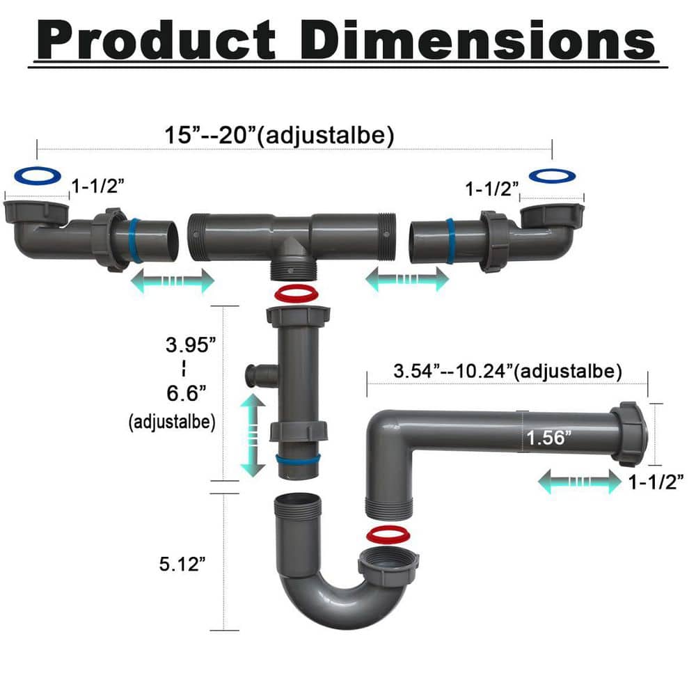 Wudkey 1-Piece 1-1/2 in. Double Sink Drain Pipe Kit in Black with P-Trap, Wall-Outlet, Included Mounting Hardware (3)