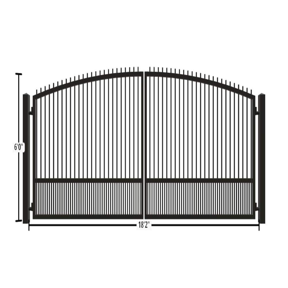 Unbranded Driveway Gate — Swing, Center, Arch + Finials, Puppy, Black — 218"W x 72"H