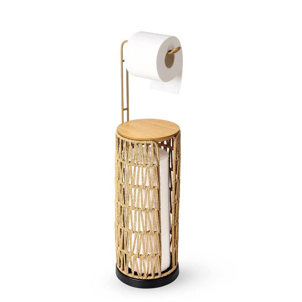 KHKFY Freestanding Bathroom Toilet Paper Holder with Storage for 3 Extra Rolls Handmade Woven Rattan Stand (2)