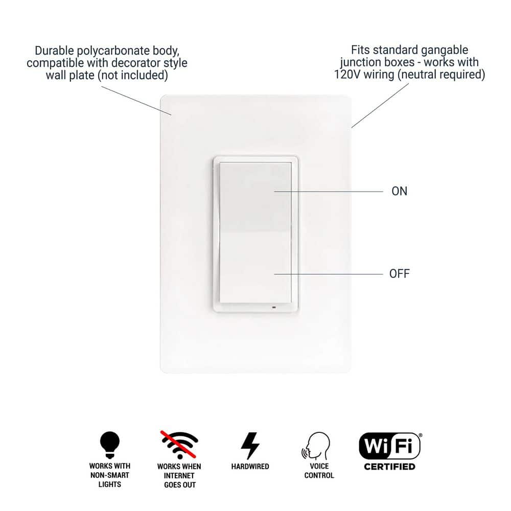 HALO Pure Smart Wi‑Fi 10A Smart On/Off Illuminated Rocker Light Switch White 1‑Pack SWW‑SWT‑WH Connected by WiZ Pro‑Hardwired (2)