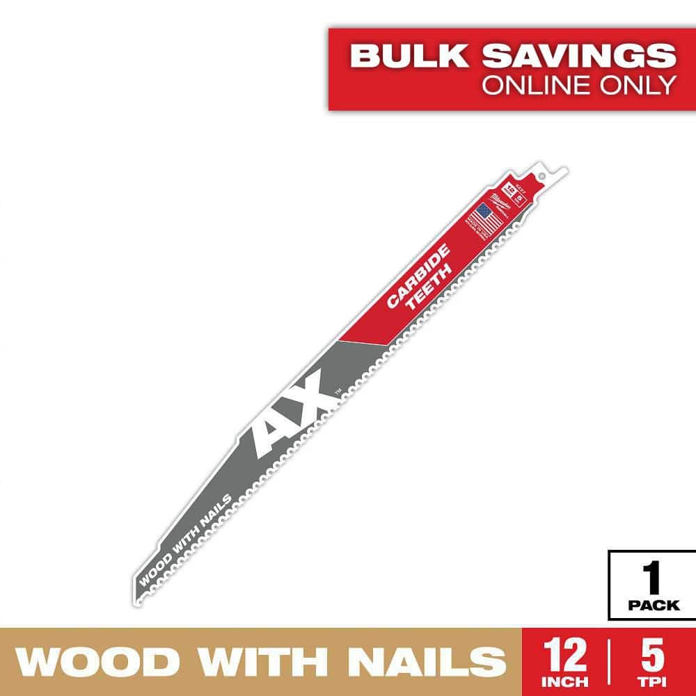 Milwaukee 12 in. 5 TPI AX Carbide Teeth Demolition Nail-Embedded Wood Cutting SAWZALL Reciprocating Saw Blade (1-Pack)