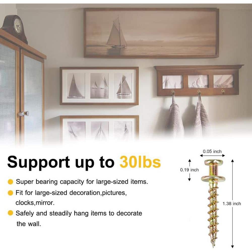 Adrinfly 4-in-1 Double Headed Picture Hangers and Hooks for D-Rings, Sawtooth, Wire, Drywall Wood Stud Mounts 30-Pack Gold (3)