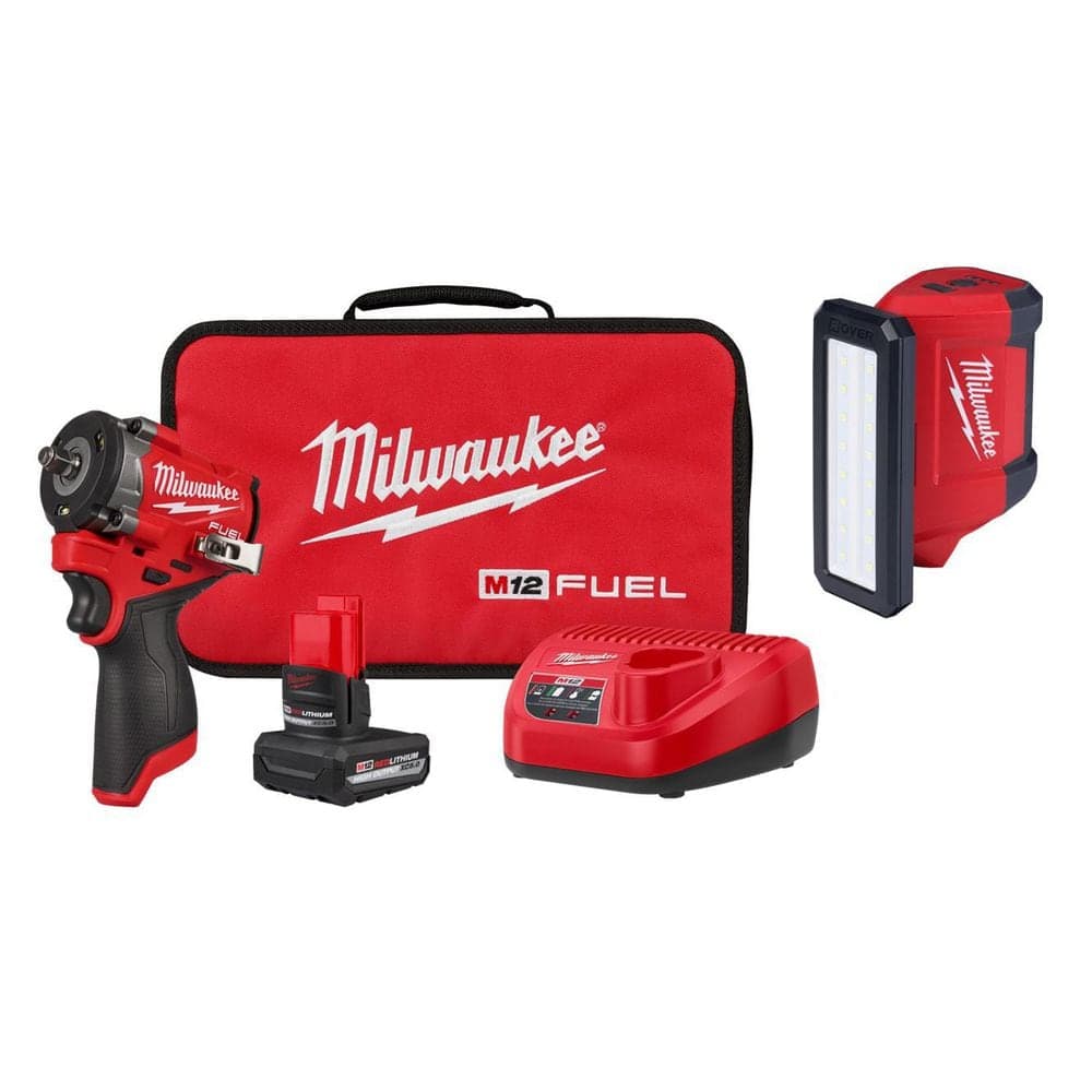 Milwaukee M12 FUEL 12V Li-Ion Brushless Cordless Stubby 3/8 in. Impact Wrench Kit w/ 5.0 Ah High Output Battery and Flood Light