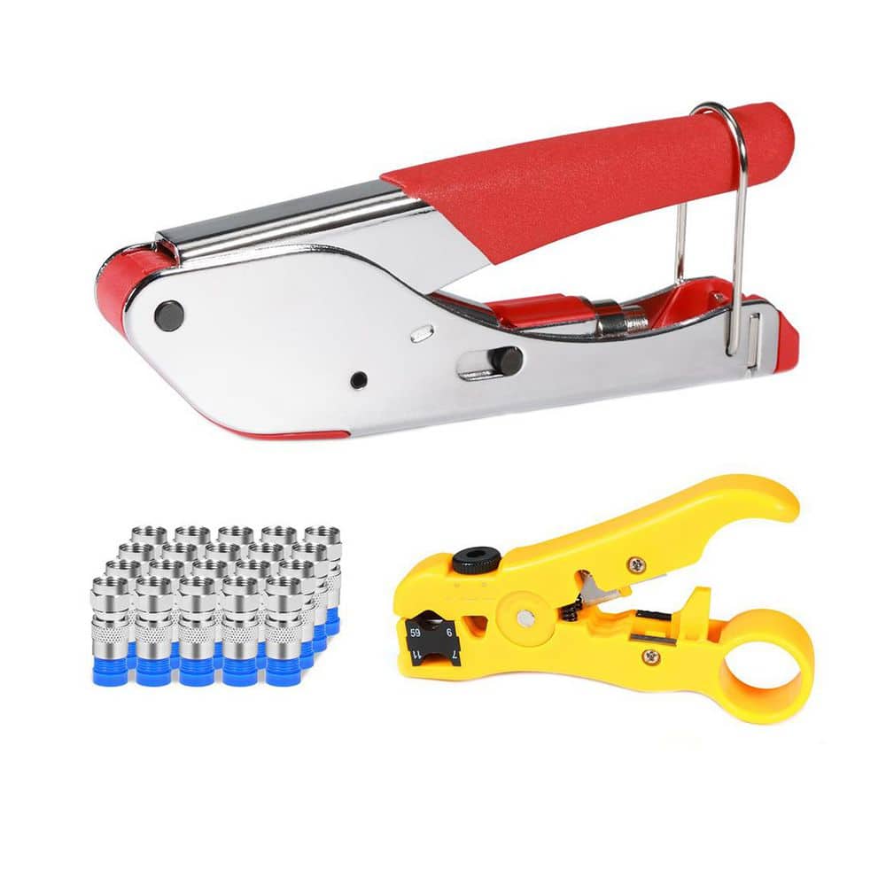 Unbranded Coax Compression Tool Kit with Coax Cable Stripper and 20PCS F Connectors for RG6 RG59 Satellite TV Home