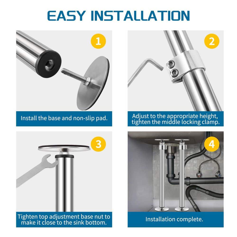 Wudkey Undermount Sink Brackets in Silver, Stainless Steel Undermount Sink Support, Adjustable Support Pole, Sink Repair Kit (2)