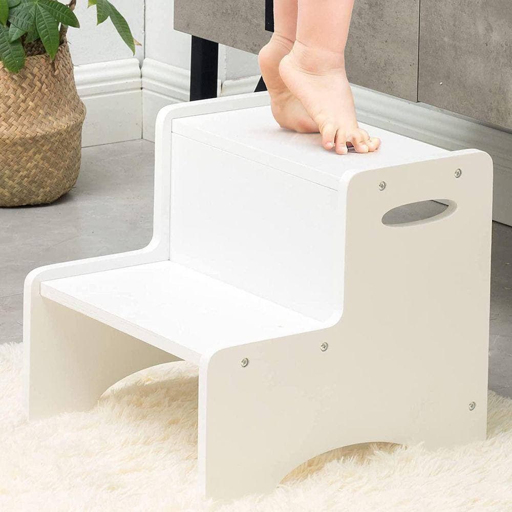 KIWDZFU Toddler 2 Step Stool Reach with Handles White Wood Non-Slip Pads for Kids Bathroom Kitchen Dual Height (2)