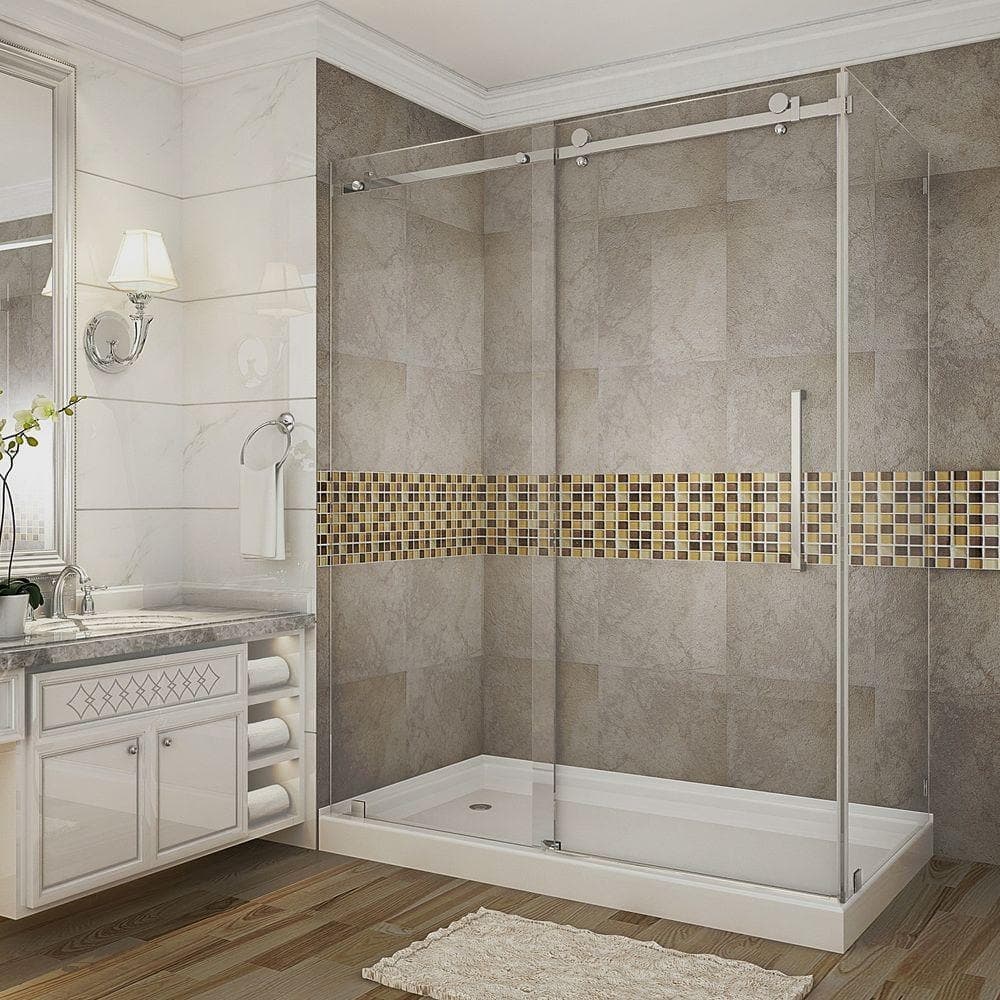 Aston Moselle 60 in. 35 in. 77.5 in. Frameless Sliding Shower Enclosure and with Left Base (1)