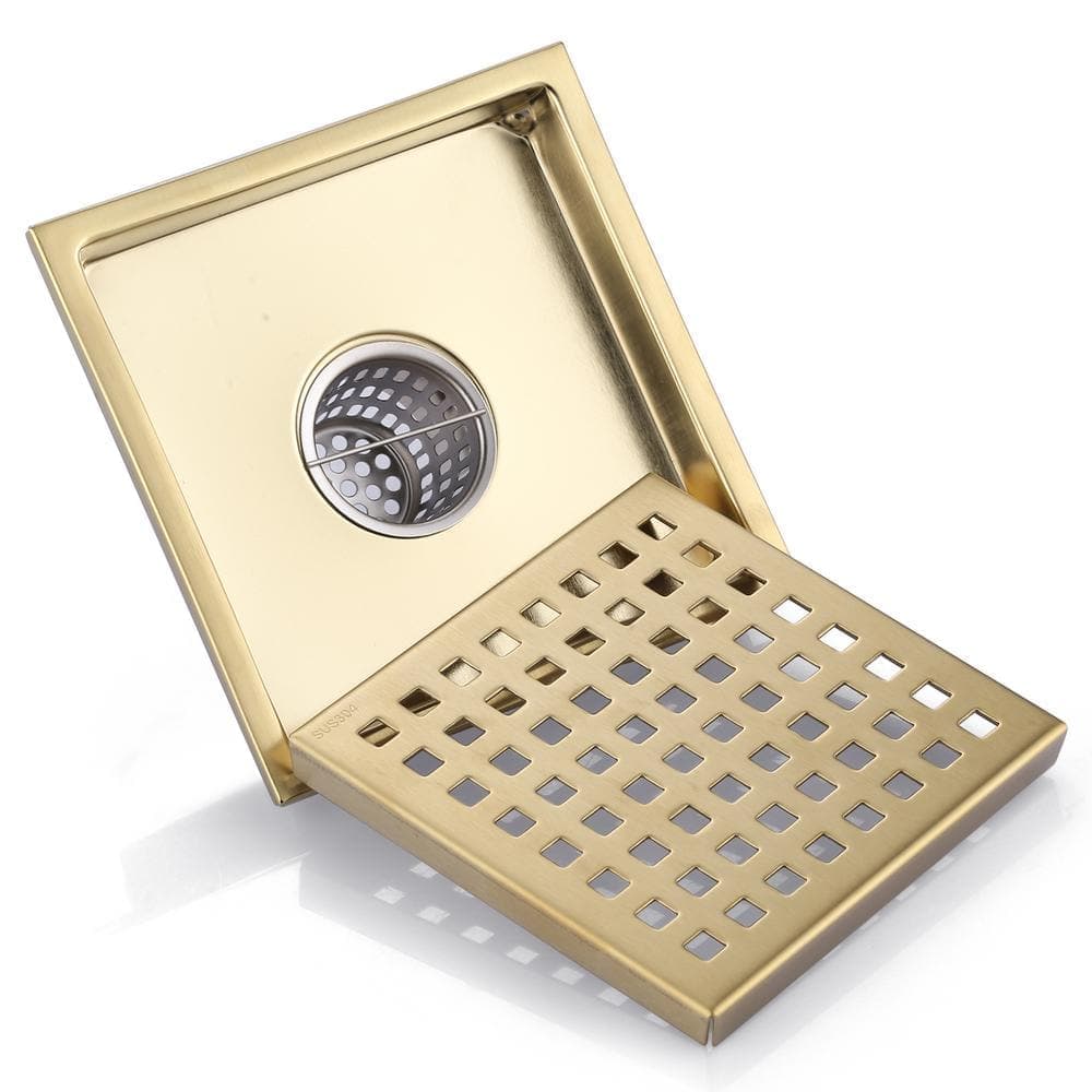 WOWOW 5.9 in. x 5.9 in. Stainless Steel Square Shower Drain with Strainer in Gold (3)