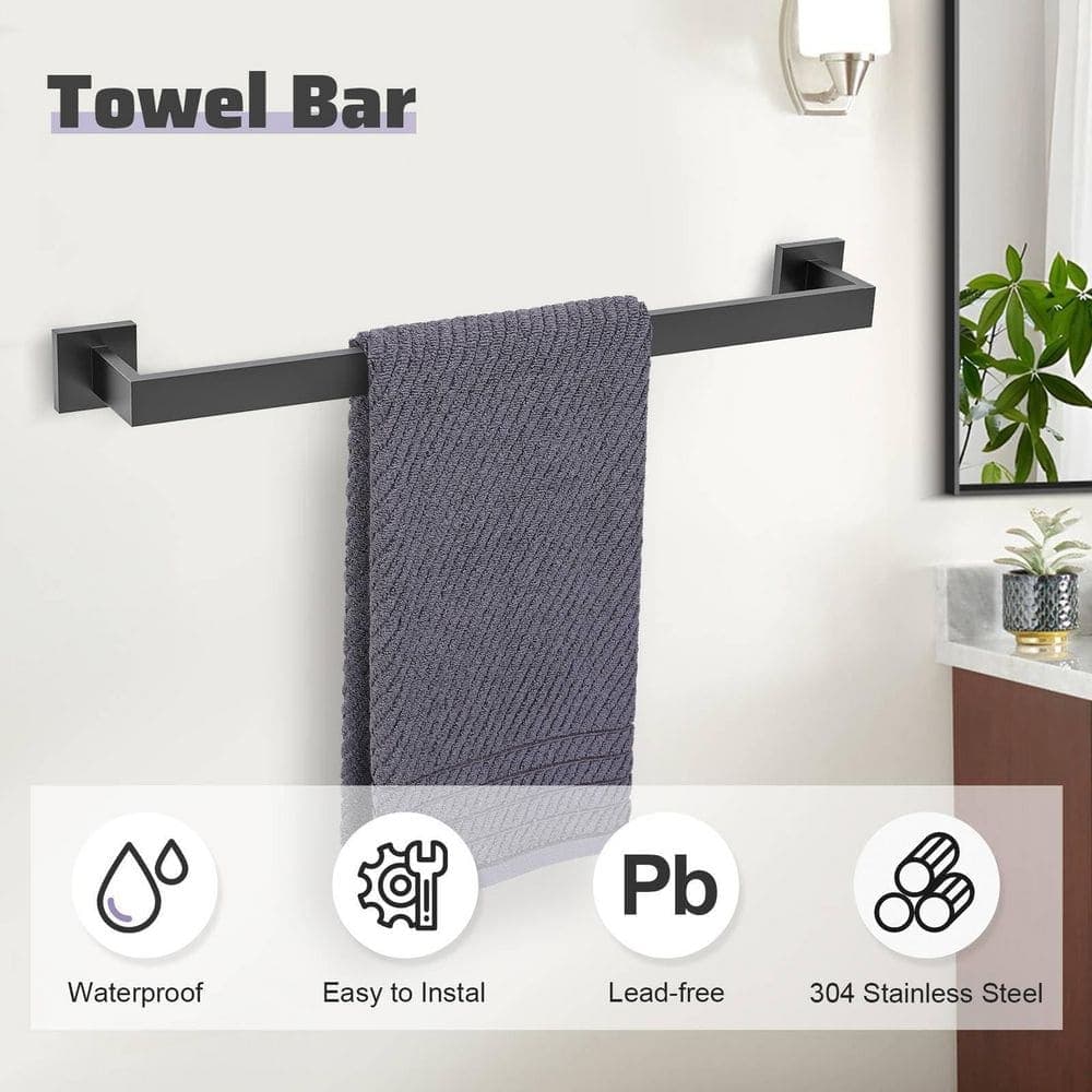 Anqtovp 5-Piece Bathroom Hardware Set with Towel Bar, Hooks, Toilet Paper Holder in Matte Black Stainless Steel Finish (2)