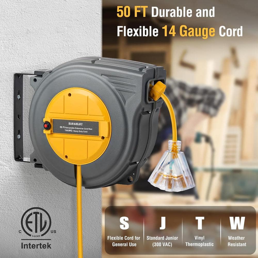 Lukyamzn 50 ft. 14/3 14 Gauge 13 Amp Retractable Extension Cord Reel with 3 Grounded Outlets ETL Listed (2)
