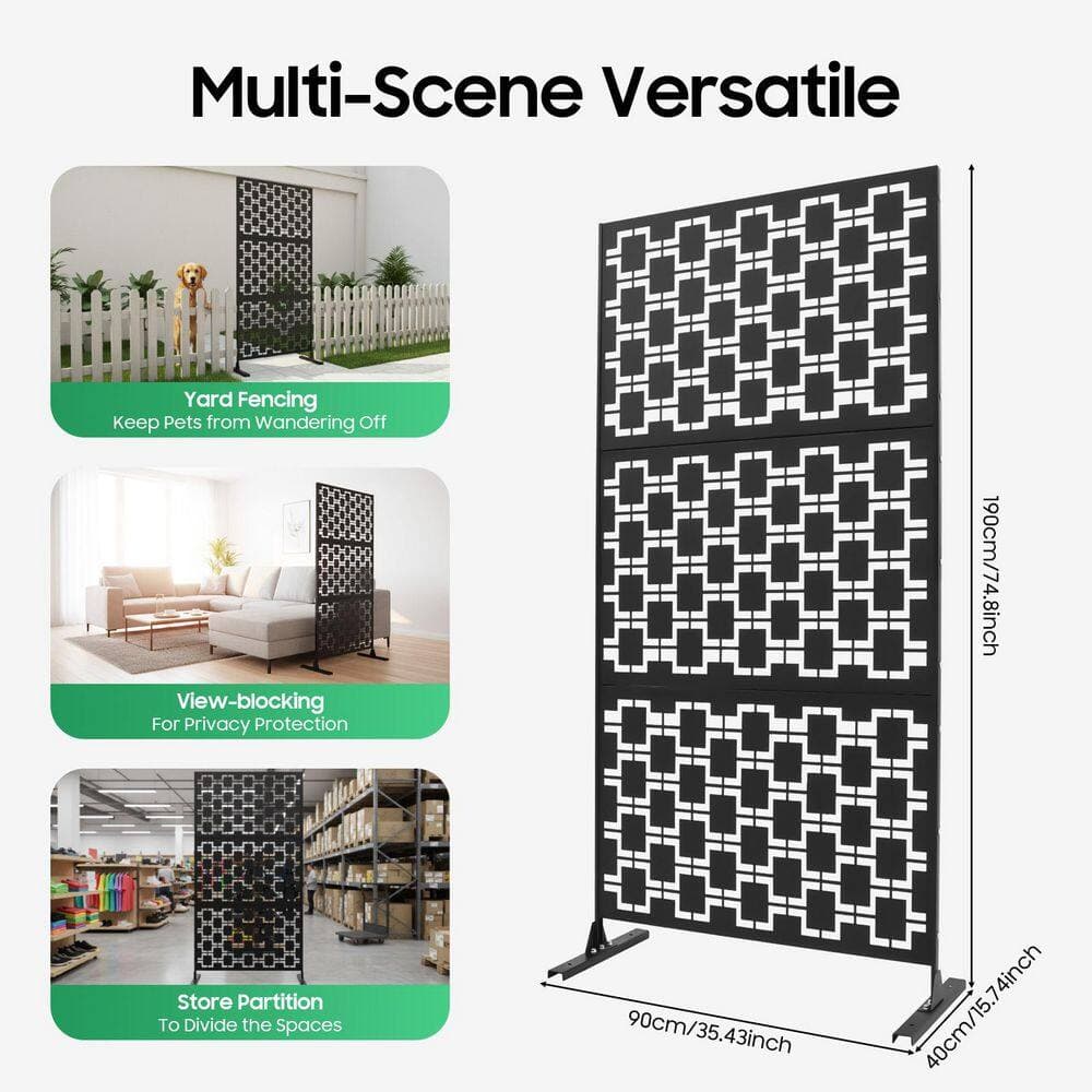 YIYIBYUS 6.2 ft. x 2.9 ft. Outdoor Freestanding Metal Privacy Screen Decorative with Stand Black Grid (2)