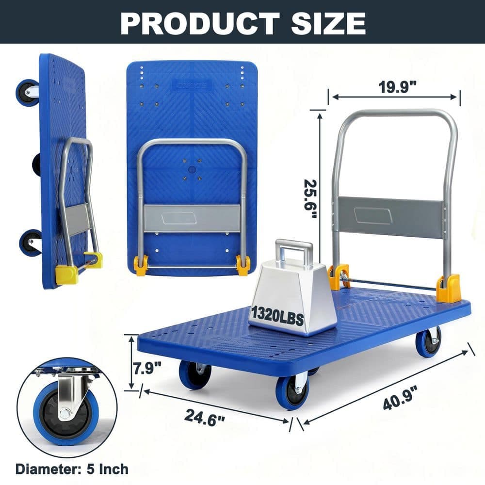 Tatayosi Foldable Push Hand Cart, Platform Truck with 1320 lbs. Weight Capacity, Blue (3)