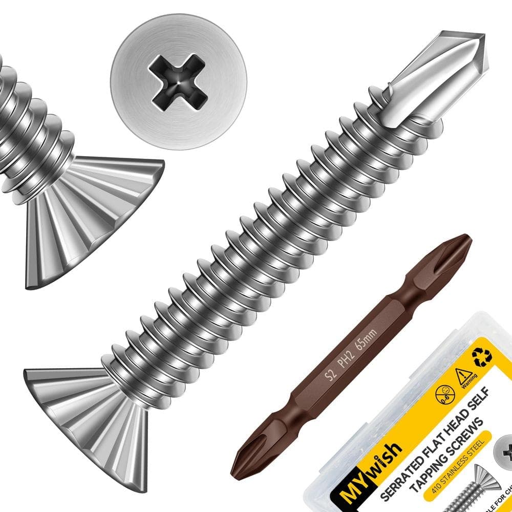 MYWISH #8 x 1 in. Self-Drilling Flat Head Sheet Metal Screws (300-Pack), Silver 410 Stainless Steel (1)