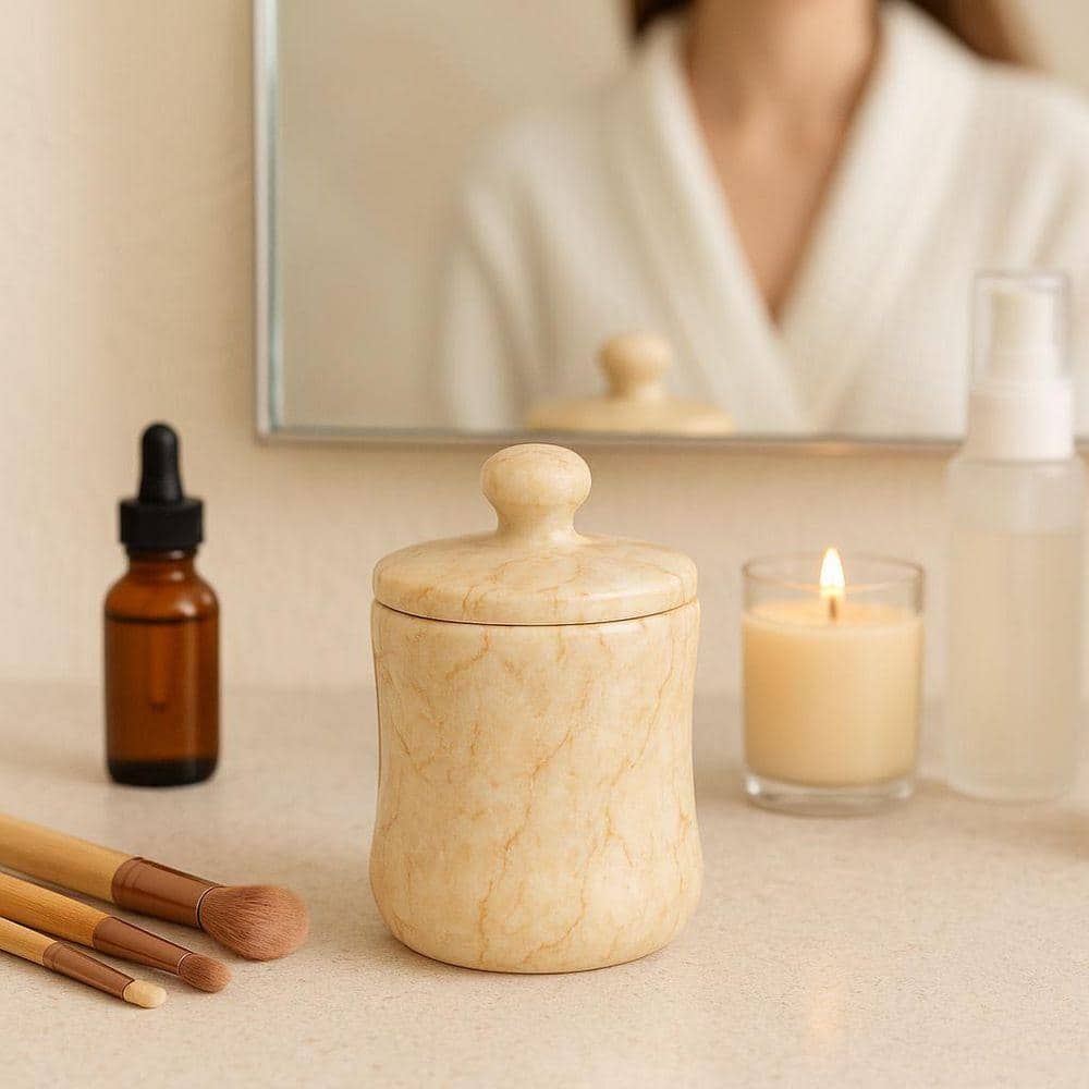Creative Home Natural Champagne Marble Fenway Collection Cotton Ball Swab Holder Countertop Storage Jar Container Organizer in Beige (2)
