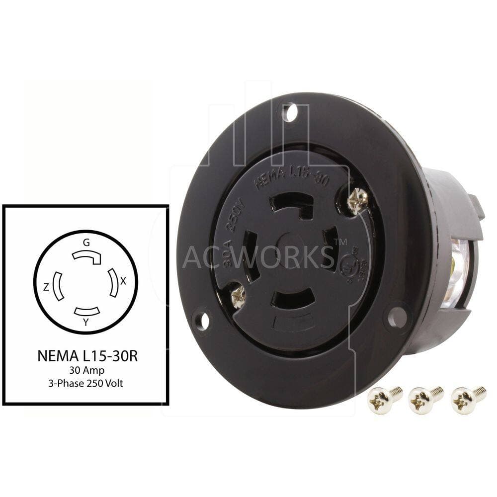 AC WORKS 3-Phase 30A 250V L15-30R Flanged Outlet UL and C-UL Listed (2)