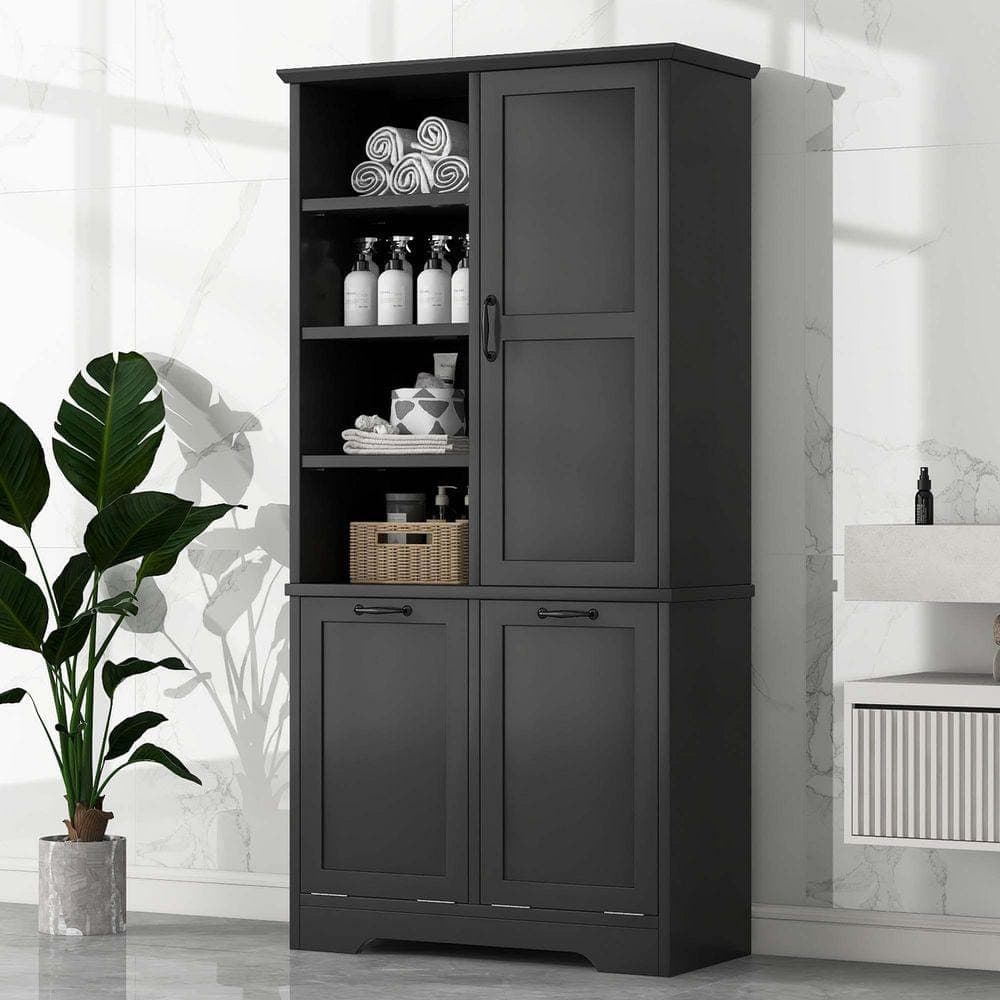XUJMK 31 in. W x 14 in. D x 68 in. H Black Linen Cabinet, Storage Cabinet with Tilt-Out Laundry Hamper, Adjustable Shelves (1)