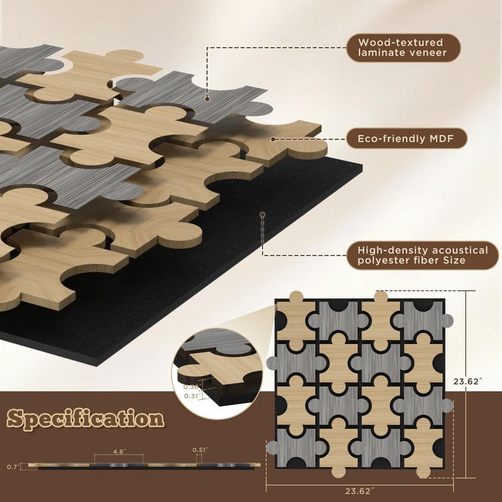 Mlfortlife Oak/Gray 0.7 in. x 1.97 ft. x 1.97 ft. Puzzle Acoustic Decorative Wall Paneling (4 Piece/15.5 sq. ft. ) (3)