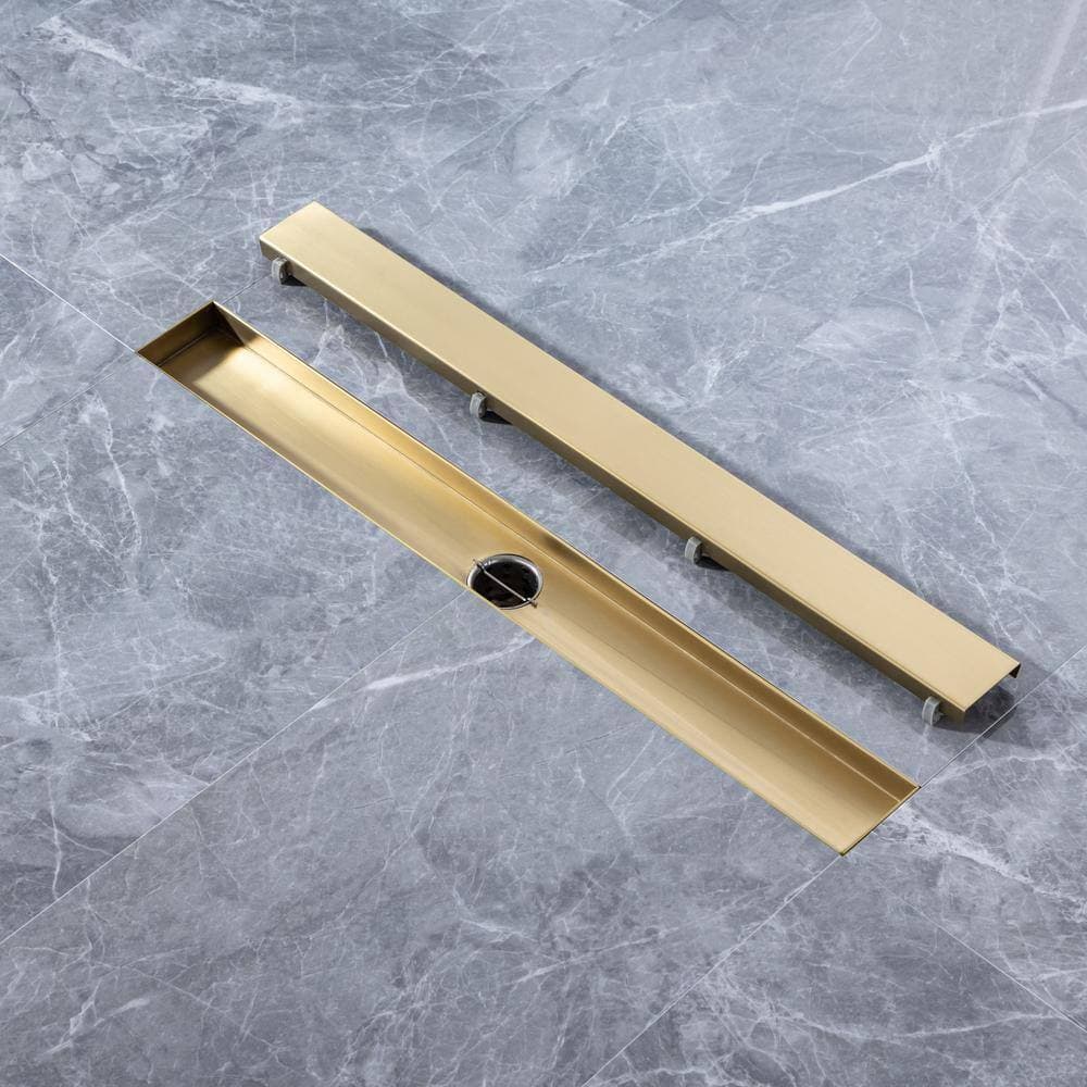 Flynama 24 in. Stainless Steel Linear Shower Drain in Brushed Gold with Removable Strainer Basket (2)