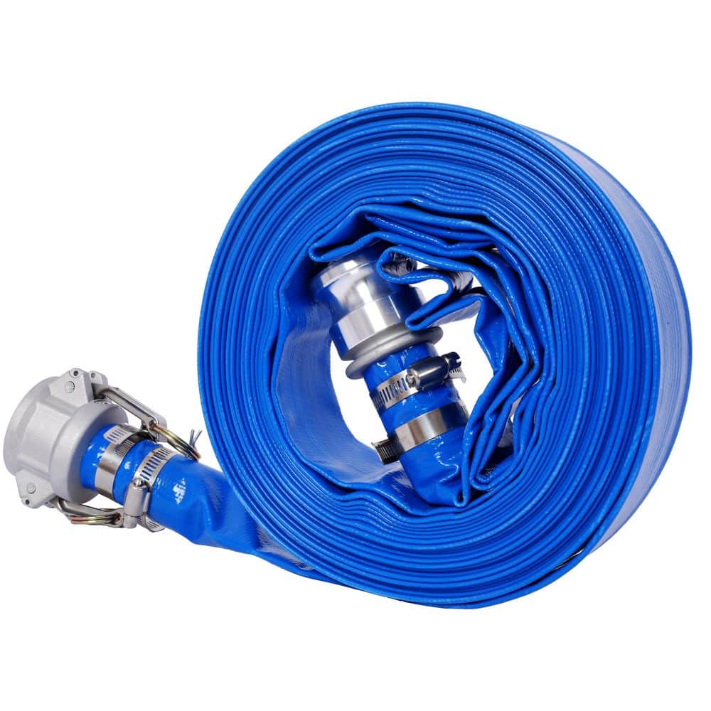 cadeninc Backwash Hose 1.5 in.ID x 50 ft. Heavy Duty Blue PVC Lay Flat Water Discharge Pump Hose w/luminum Camlock C & E Fittings
