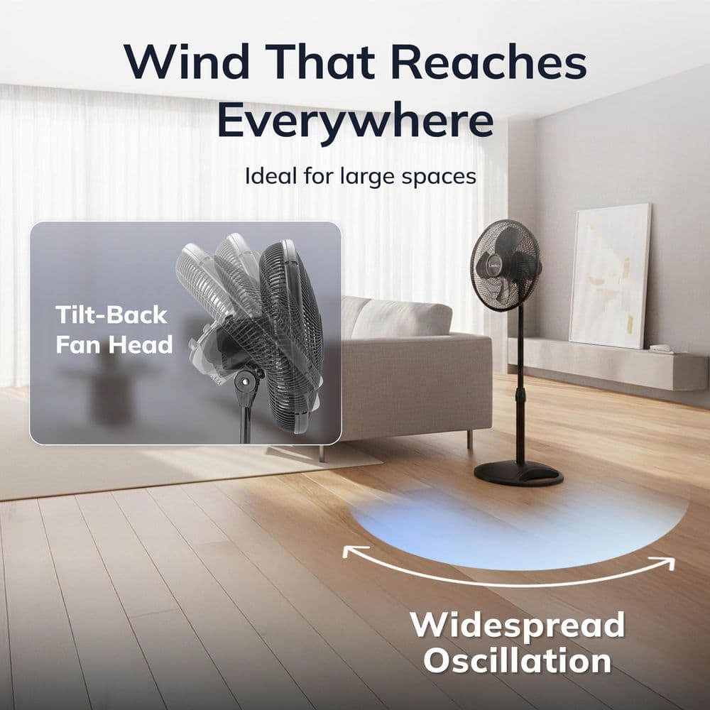 Lasko 16 in. 3-Speed Oscillating Pedestal Fan for Home in Black with Adjustable Height, Tilt Back Head and Easy Assembly (3)
