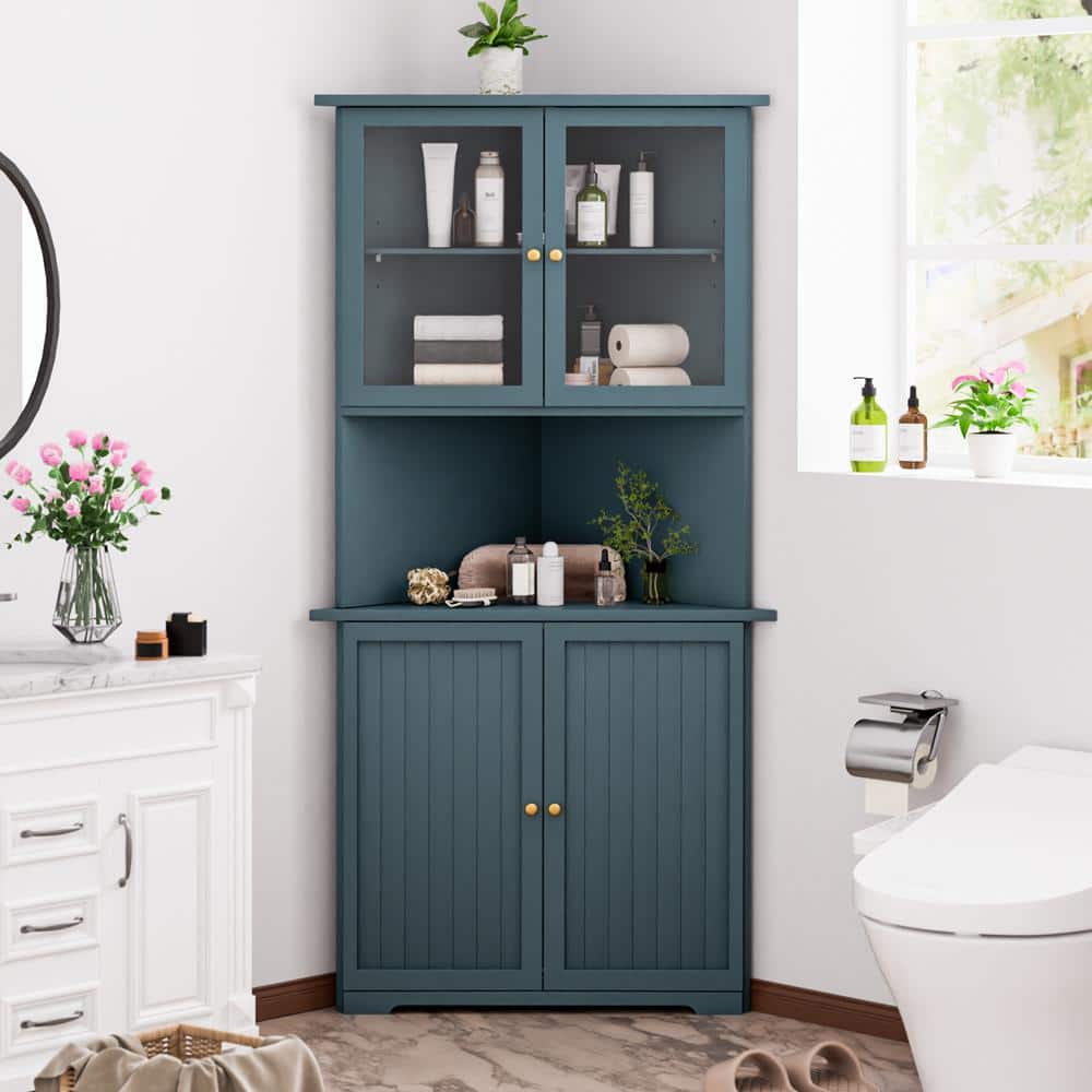 VEIKOUS 34 in. W 25 in. D 71 in. H Corner Linen Cabinet with Adjustable Shelves and Glass Doors