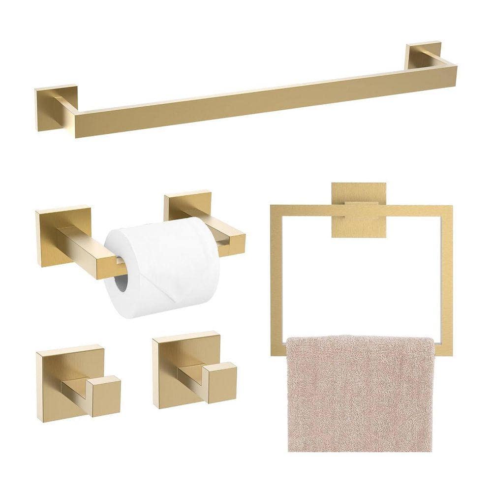JFVKAF 5-Piece Wall-Mounted Bathroom Hardware Set with Owel Bar, Toilet Paper Holder, Towel Ring and Coat Hooks in Brushed Gold (1)