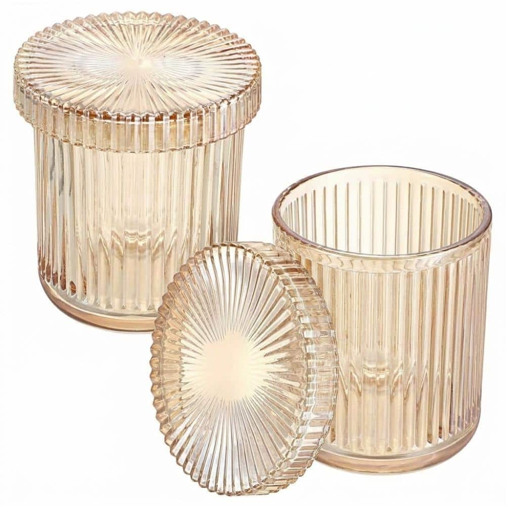 Unbranded Amber Glass Apothecary Jars with Lids for Cotton Swabs, Balls and Pads, Stripe Design, 2 Pack