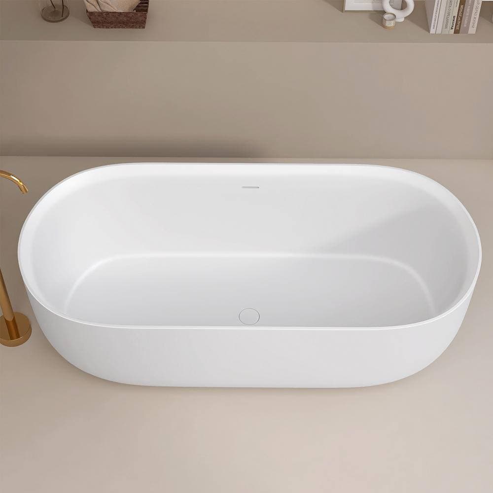 Zeafive Sco 63 in. x 30 in. Solid Surface Soaking Bathtub Freestanding Oval Shaped Tub Stone Resin in Matte White with Drain (2)