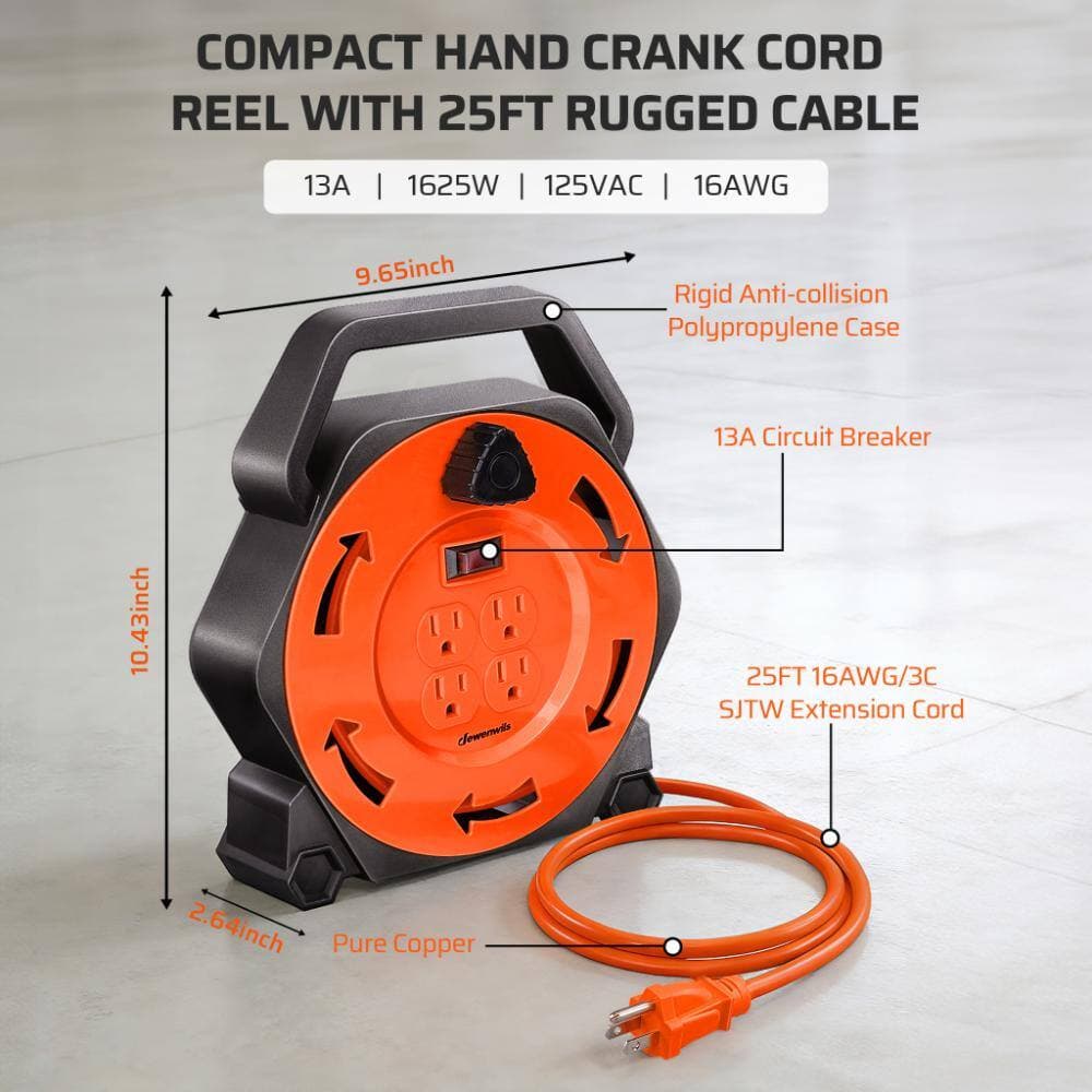 DEWENWILS 25 ft. 16 / 3 AWG SJTW 13 Amp Hand Wind Retractable Extension Cord Reel with 4 Grounded Outlets Orange, UL Listed (3)