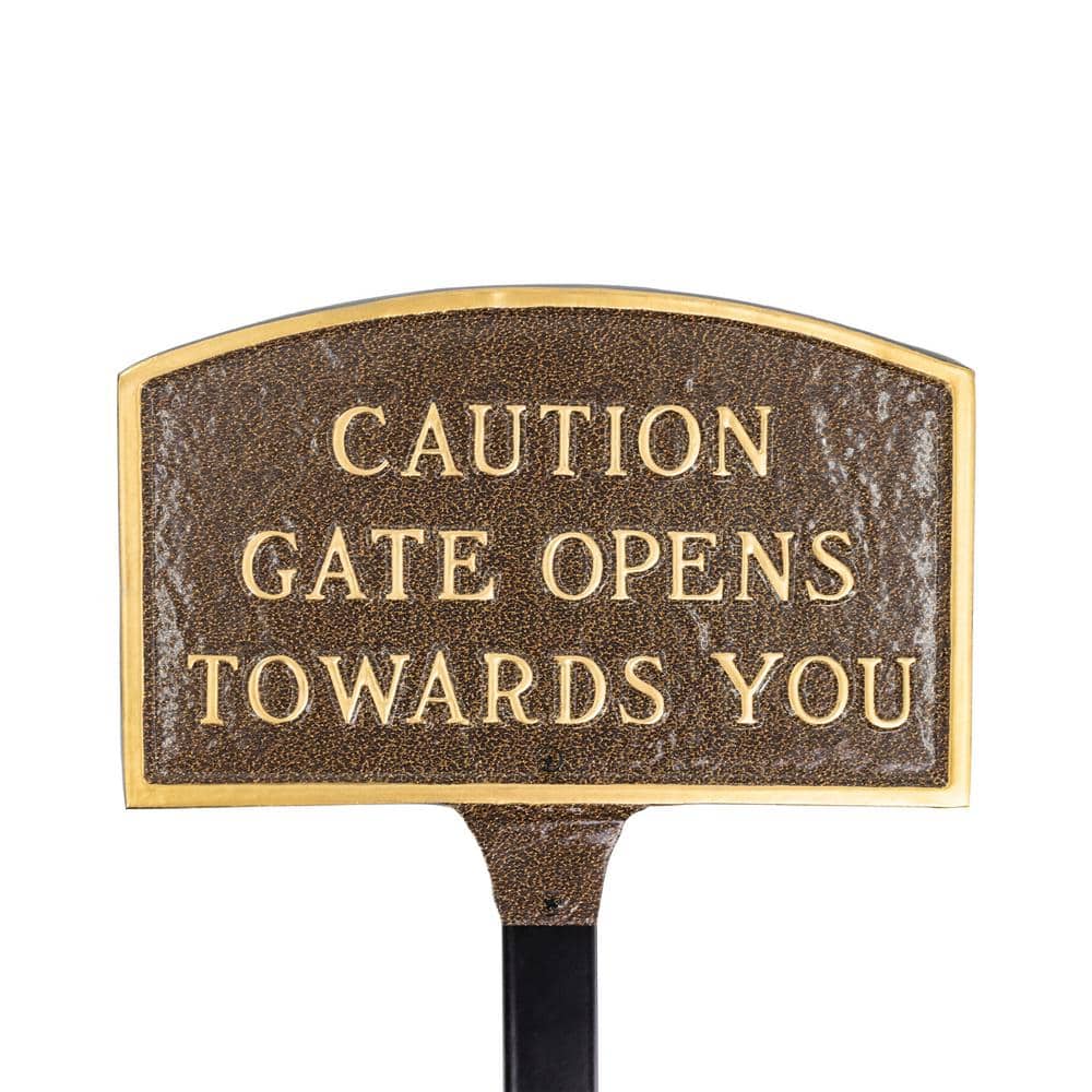 Montague Metal Products 5.5 in. x 9 in. Small Arch Caution Gate Opens Towards You Statement Plaque Sign with Lawn Stake - Hammered Bronze