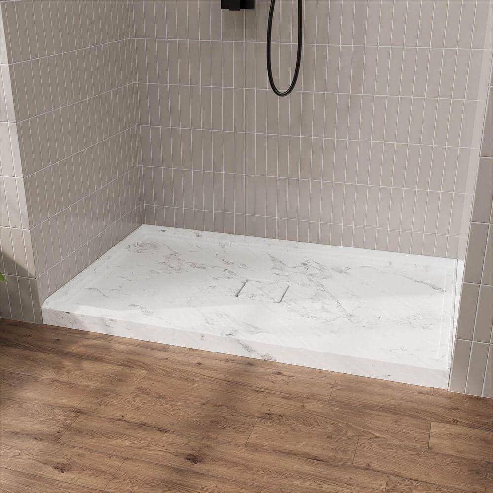 GIVING TREE 60 in. L x 36 in. W Single Threshold Rectangle Alcove Shower Pan Base in Carrara Marble Look with Center Drain (2)