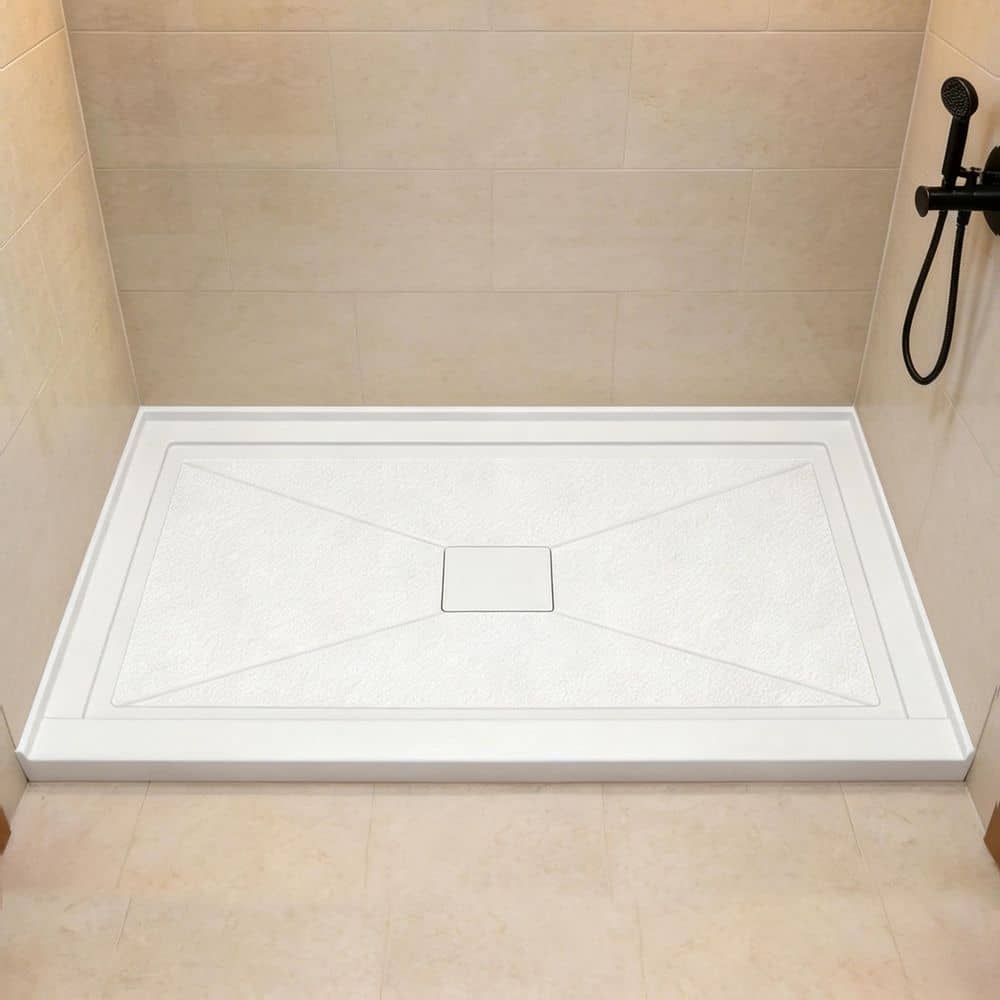 Zeafive Voe 60 in. L x 32 in. W Single Threshold Alcove Shower Pan Base with Center Drain & Cover in White Acrylic Non-Slip Tray (1)
