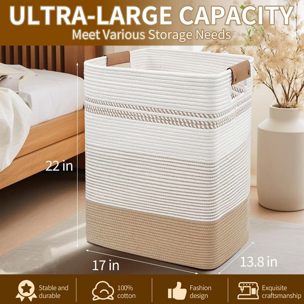 Wudkey 85L Jute and White Cotton Rope Woven Bathroom Laundry Hamper with Leather Handles for Dirty Bath Clothes Towels (2)