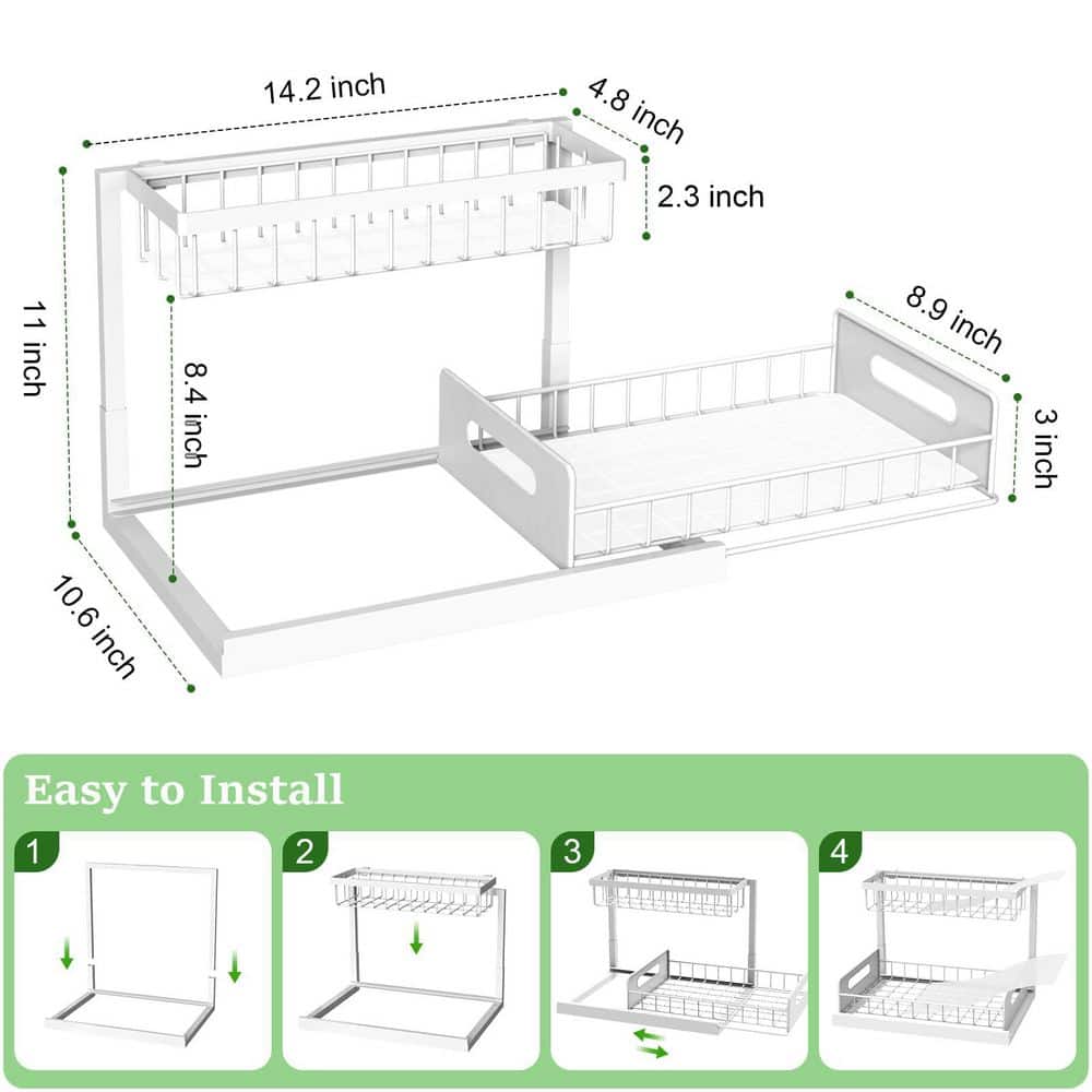 Wudkey 2 Tier Slide Out Sink Shelf Cabinet Storage Shelves, Under Sink Organizer for Kitchen Bathroom, White, 2 Pack (2)