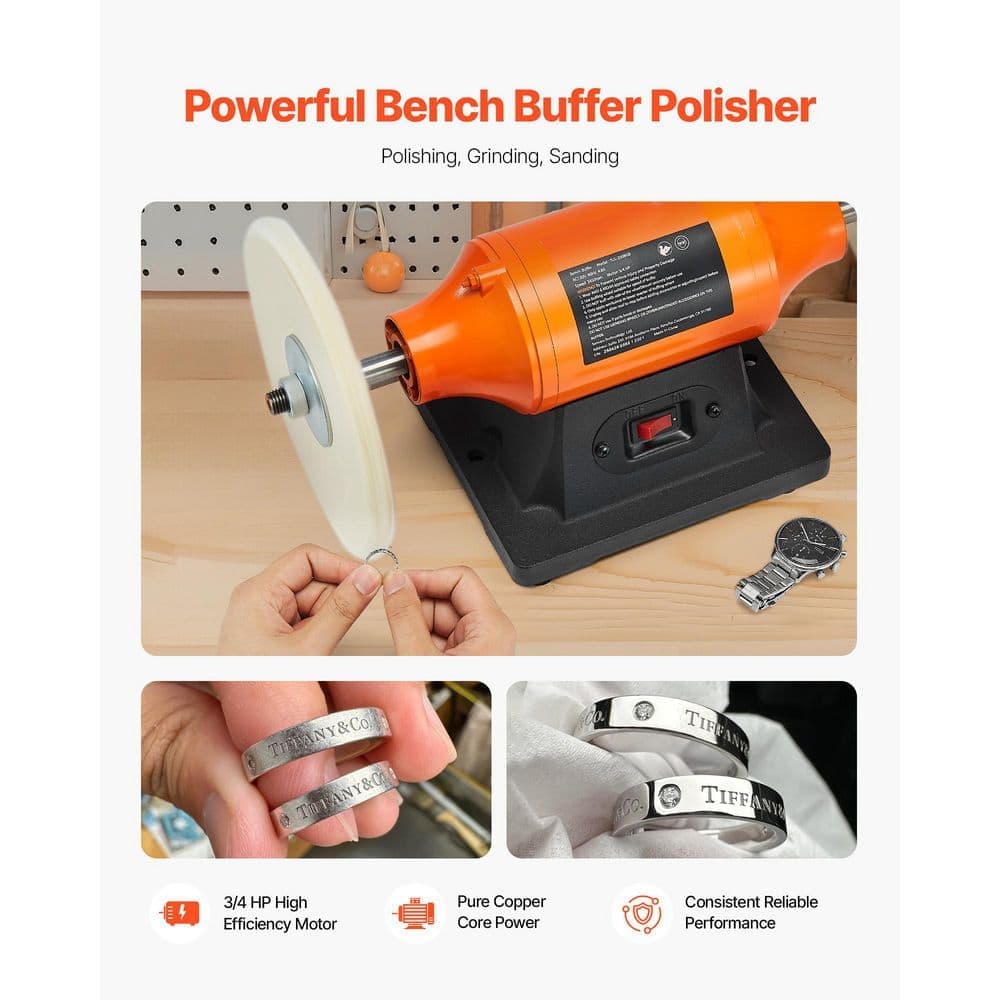 VEVOR Corded Bench Buffer Polisher 8 in. 3/4 HP 3450 RPM 4.8-Amp Benchtop Lathe Polishing for Jewelry Wood Silver Amber Metal (2)