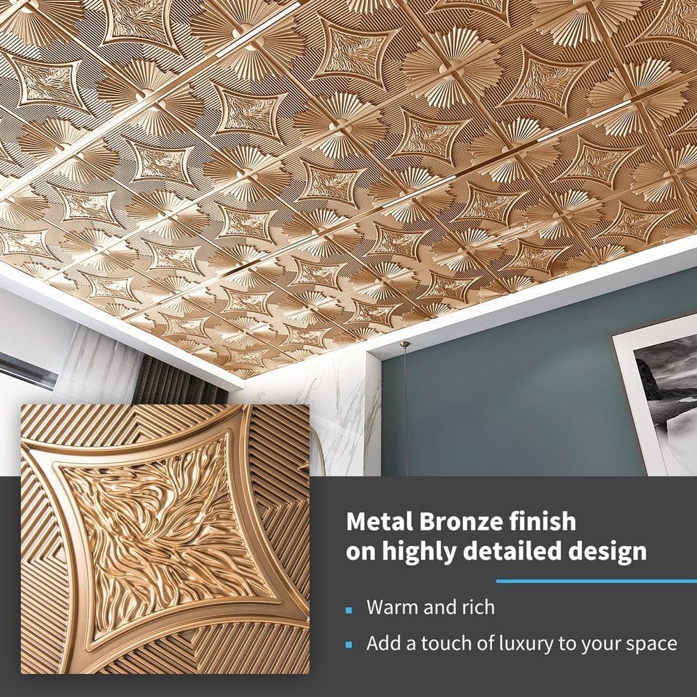 Art3dwallpanels Bronze Metal Finsih 2 ft. x 2 ft. Decorative Drop In Ceiling Tile (48 sq.ft./Box) (2)