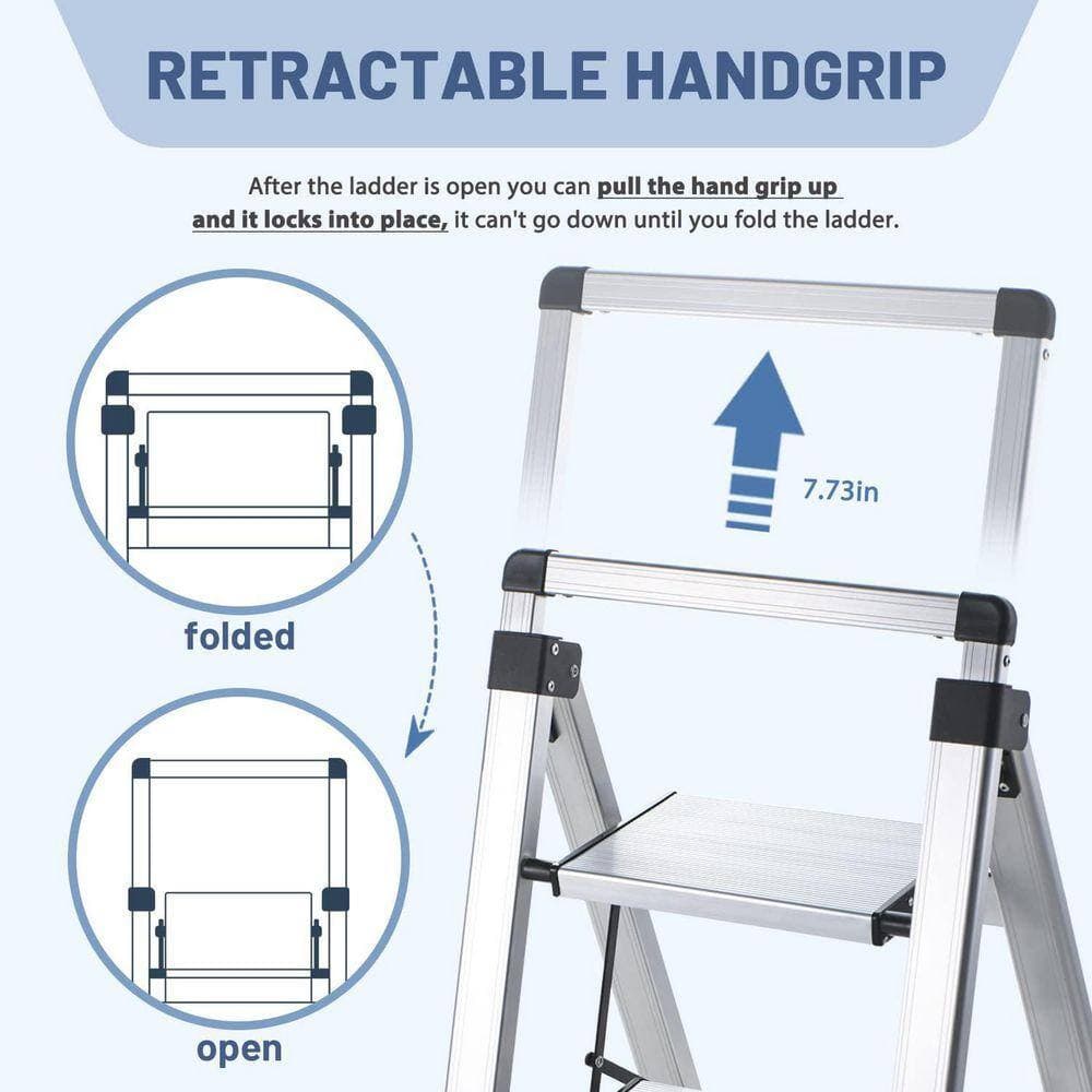 Unbranded 5-Step Aluminum Folding Library Ladder with Anti-Slip Wide Pedal, Retractable Handgrip, 330 lbs. Capacity (3)