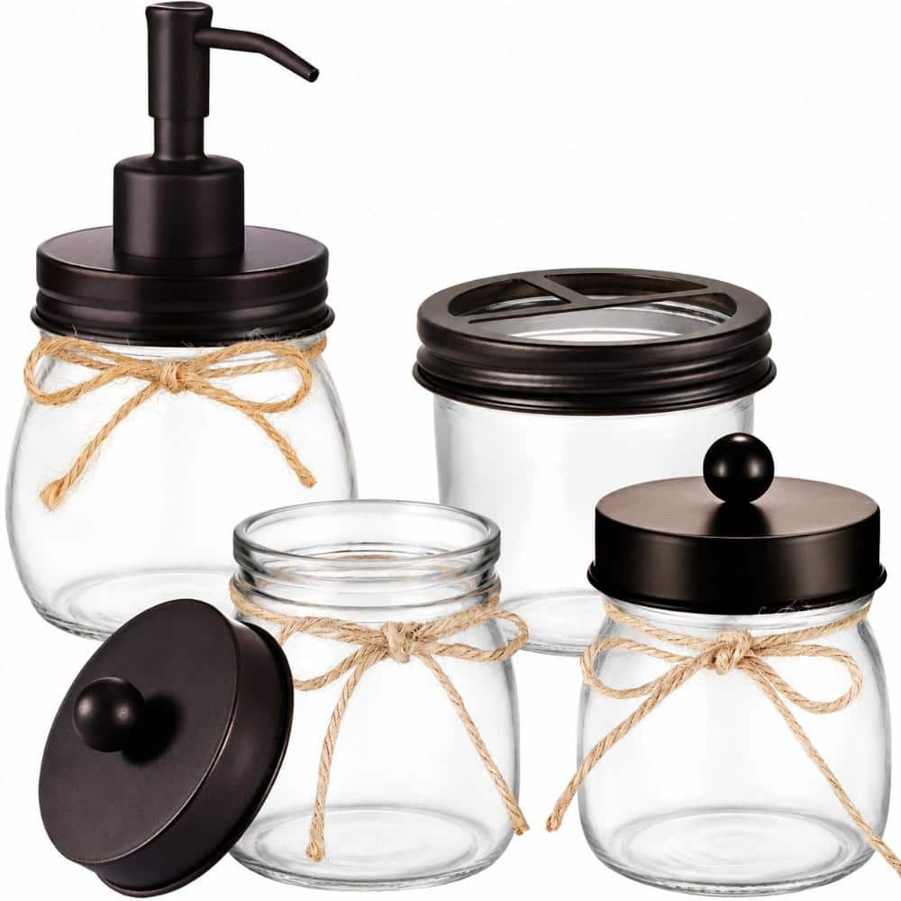 Unbranded Rustic Mason Jar Bathroom Accessory Set with Dispenser, 2 Qtip Jars, and Toothbrush Holder in Bronze (1)