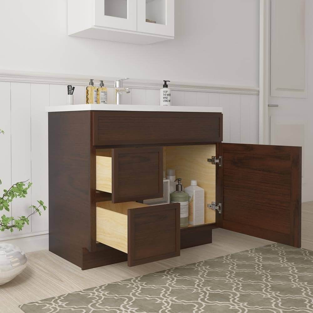 Vanity Art Colton 36 in. 1-Door and 2-Drawer Freestanding Shaker Bathroom Vanity Cabinet (No Top) in Brown — Unassembled (2)