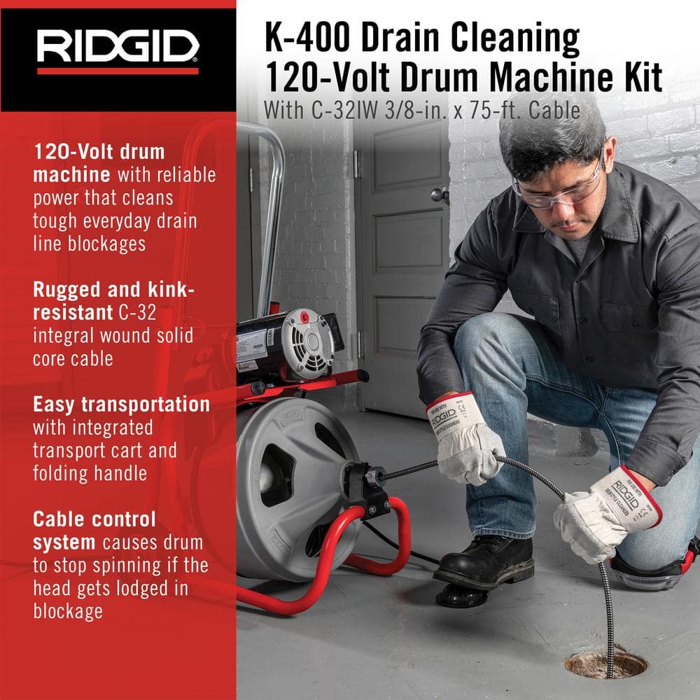 RIDGID K-400 Drain Cleaning Snake Auger 120-Volt Drum Machine with C-32IW 3/8 in. x 75 ft. Cable + 4-Piece Tool Set & Gl (2)