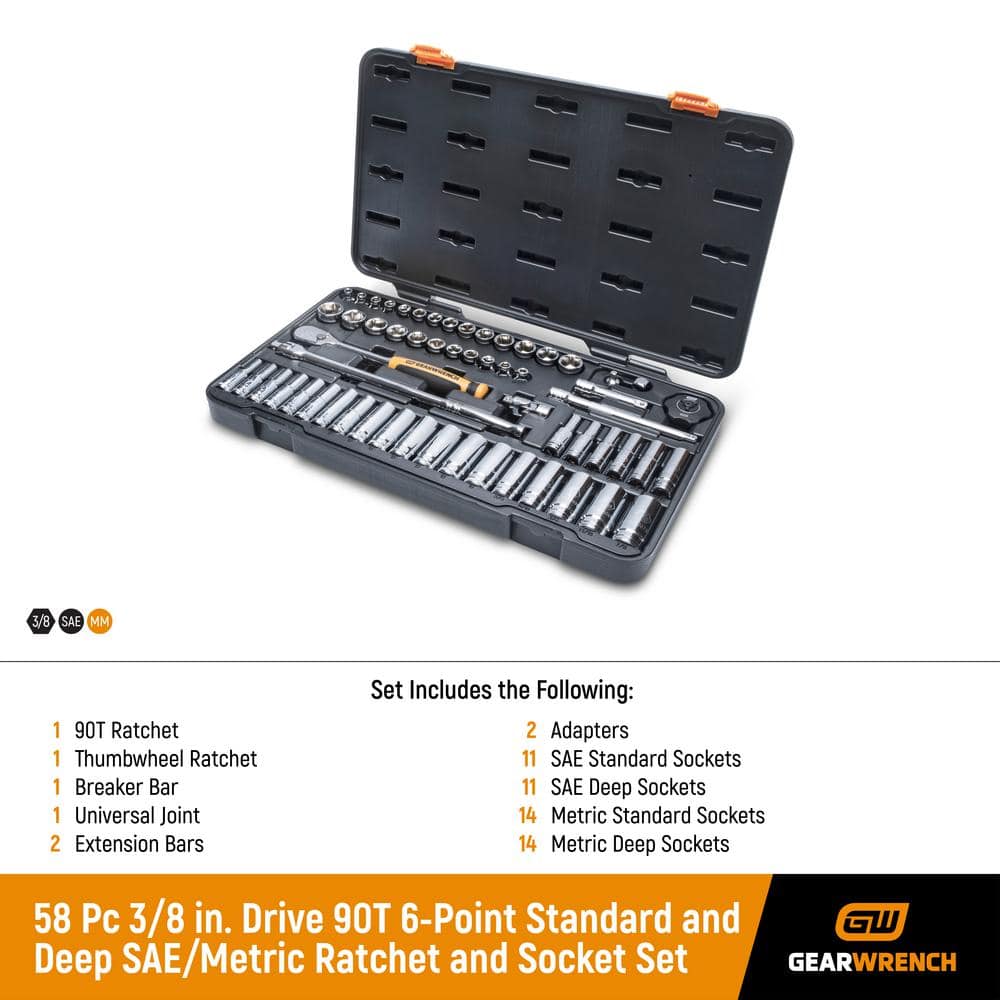 GEARWRENCH 3/8 in. Drive 90-Tooth 6-Point Standard and Deep SAE/Metric Mechanics Tool Set (58-Piece) (2)